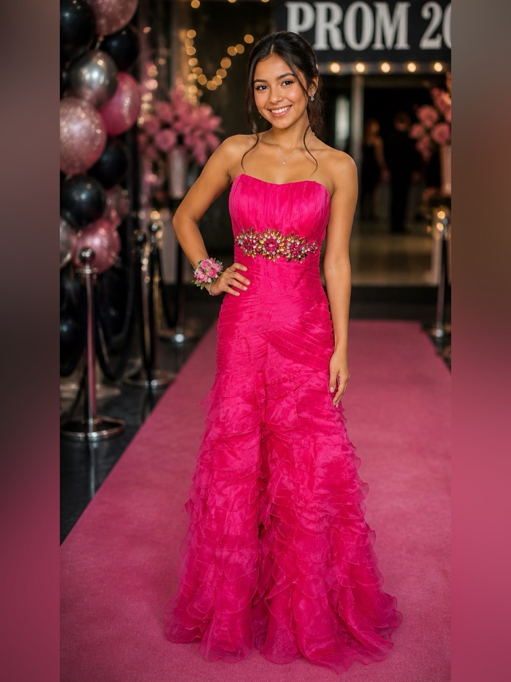 May Queen Couture Vintage Strapless Barbie Hotโ Pink Beaded Ruffle Gown NWT 4